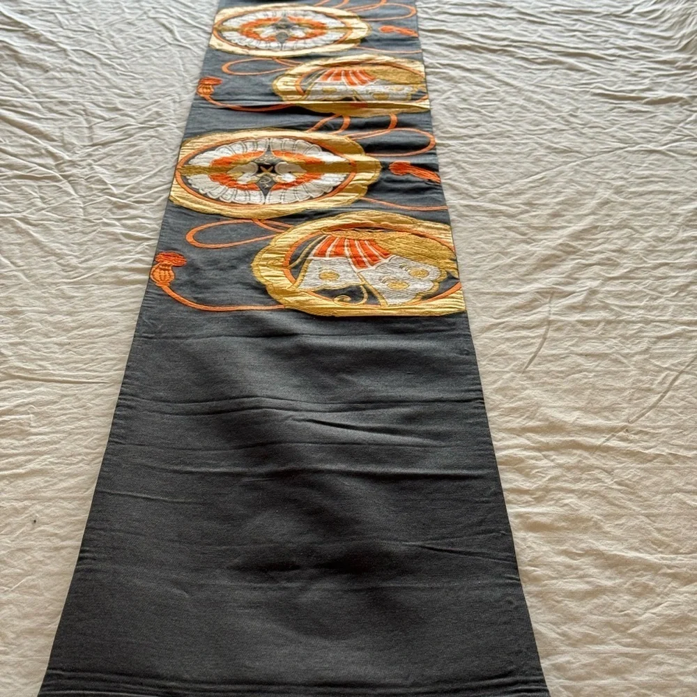 Vintage Japanese Obi Table Runner Black Gold Crane 13 Ft